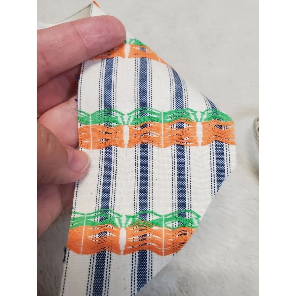 Vintage Country Blue White Ticking Striped Carrots Woven Fabric Ribbon 11.5 Yard